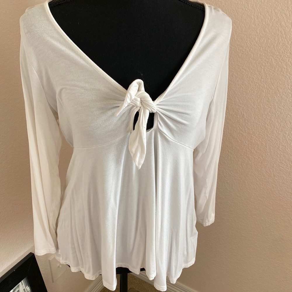 American Eagle White “Soft and Sexy” Long Sleeve Top with Bow Tie Front